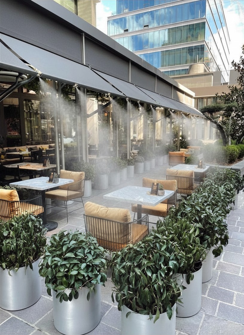 System mgły wodnej chłodzący ogródek restauracyjny w Krakowie